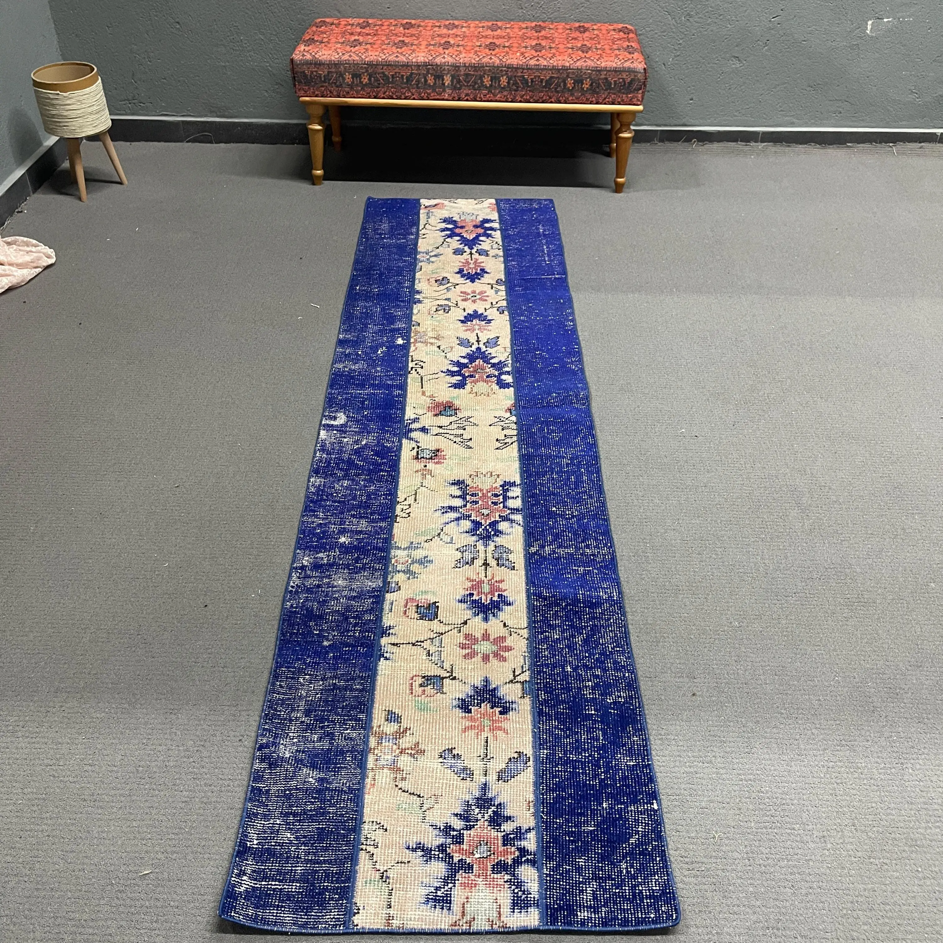 Vintage Turkish Rug 2.2x8.7 ft, Blue Animal Print Rug - 1