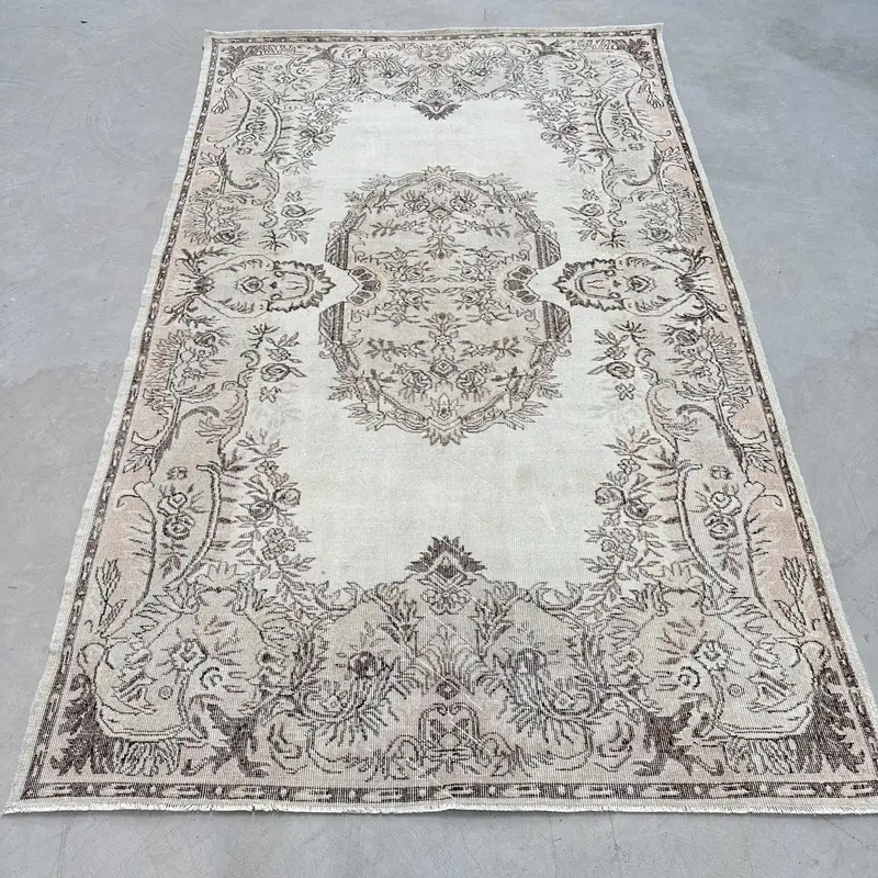 Vintage Rug, 5.9x9.8 ft Large Rug, White Brown Oushak Wool Rug - 1