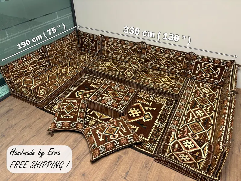 Southwestern Kilim-Inspired Ottoman, Modular Brown & Black Wool Blend Seating