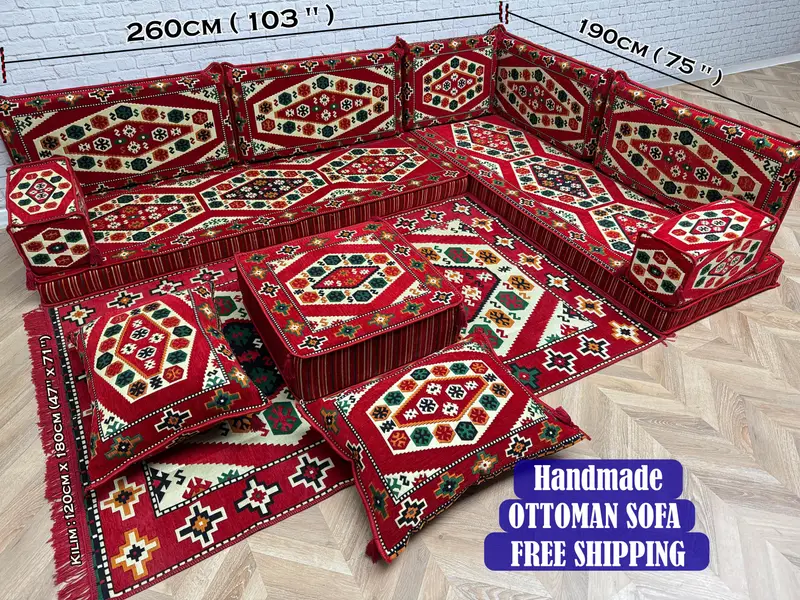 Conjunto de sofá otomano modular rojo, otomanos de mezcla de lana inspirados en Kilim