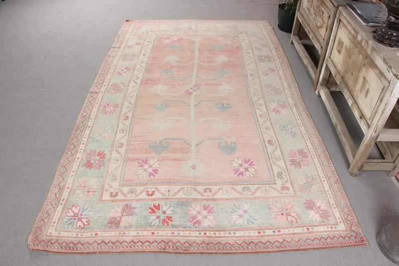 Handmade Orange Rug, 0,4x8,1 ft Green Check Pattern