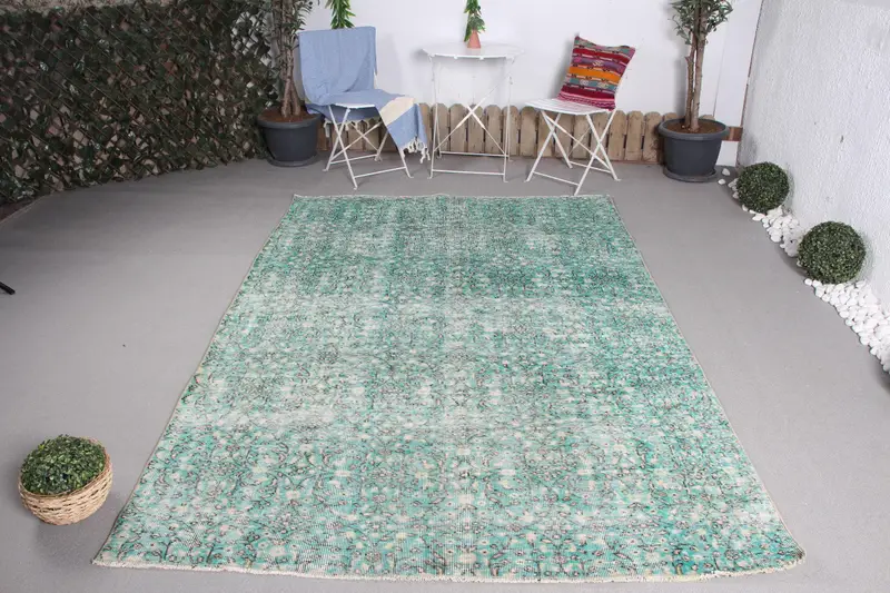 Vintage Türk Büyük Halı 5,6x8,5 ft (171x259 cm), Mavi Kamuflaj Oushak Halı - 1