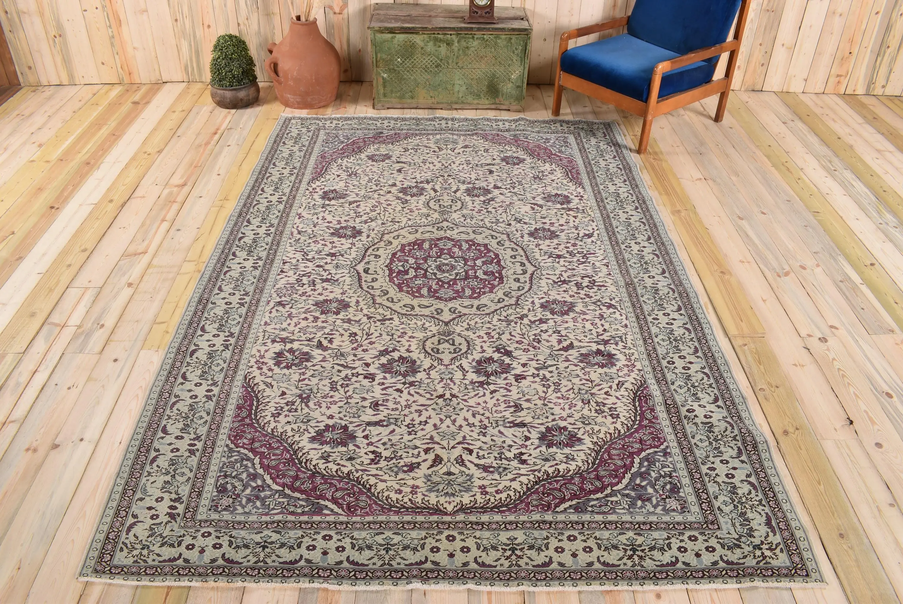 Vintage Teppich, 6,6x9,6 ft türkischer Teppich, lila grauer Patchwork Wollteppich - 1
