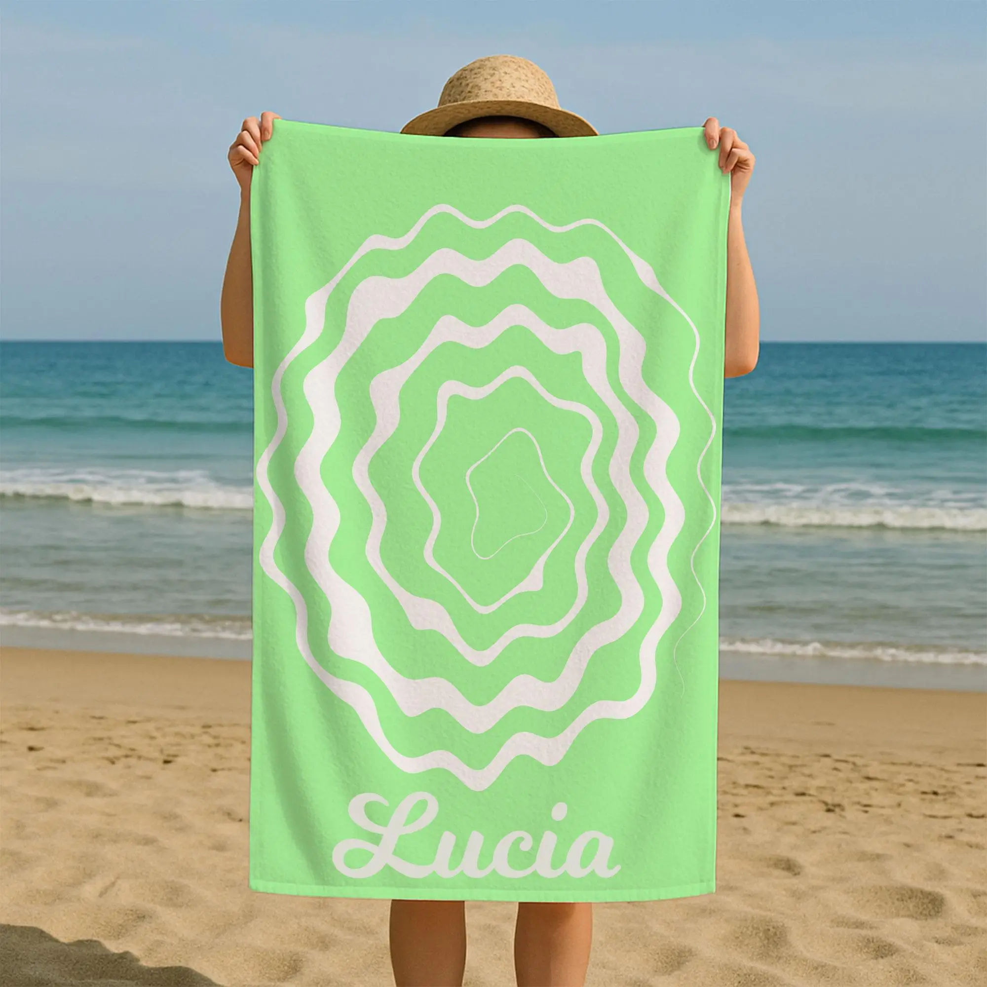 Personalized Wavy Circle Beach Towel Custom Name Pastel, 28x53 Inches - 1