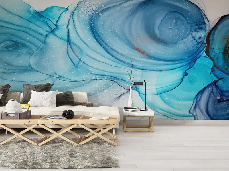 Bedruckte Tapete: Blauer Marmor, abstrakte zeitgenössische Eleganz