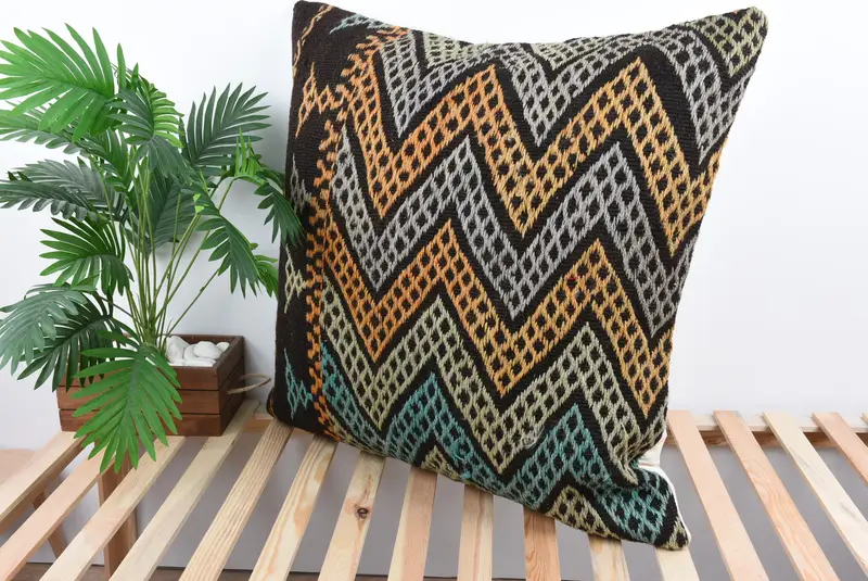 Hippie Throw Cushion, Morroccon Kilim Cushion Cushion Case, Kilim Pillow, Pillow for Couch, 32x32 Yellow Pillow, Kilim Pillow Cover, Pillow Cover - 5