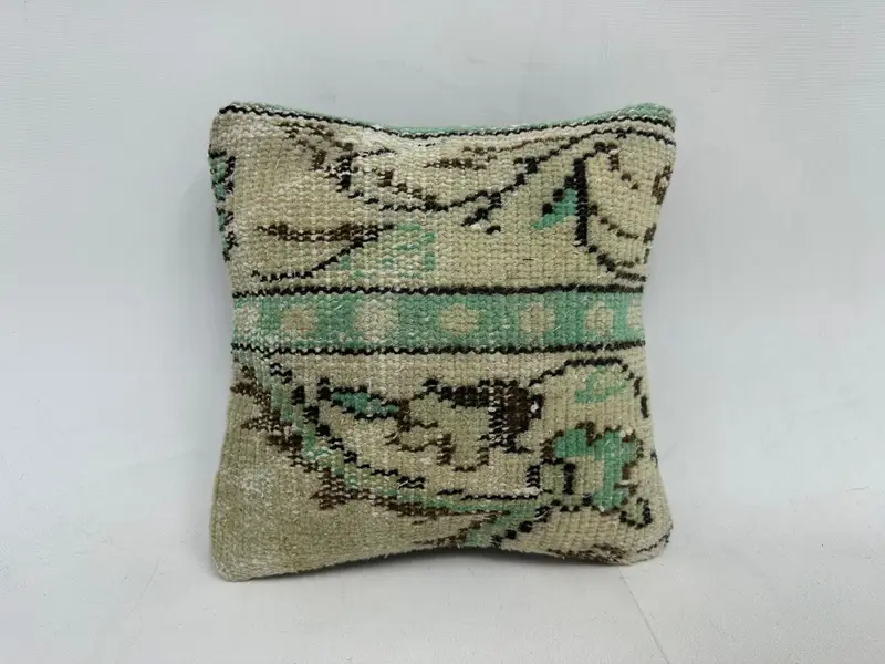Beige & Green Embroidered Southwestern Pillow, 12x12 Inch Throw Pillow - 1