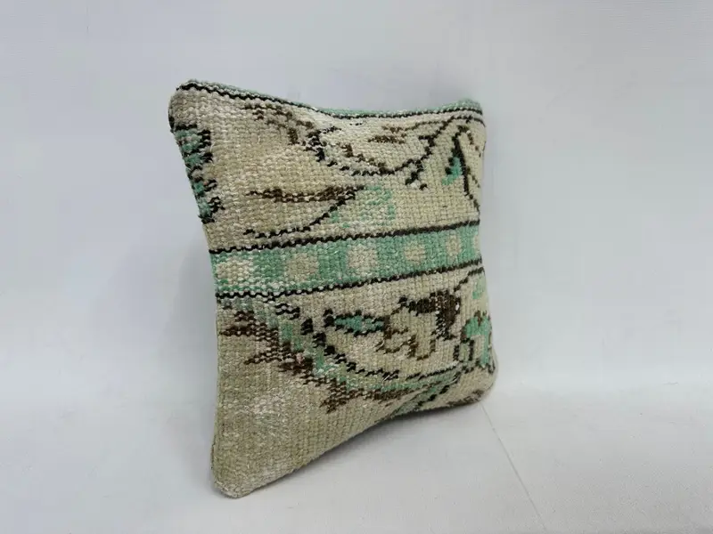 Beige & Green Embroidered Southwestern Pillow, 12x12 Inch Throw Pillow - 3