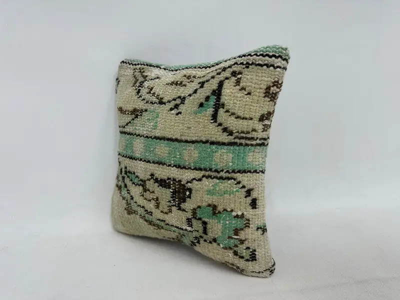 Beige & Green Embroidered Southwestern Pillow, 12x12 Inch Throw Pillow - 4