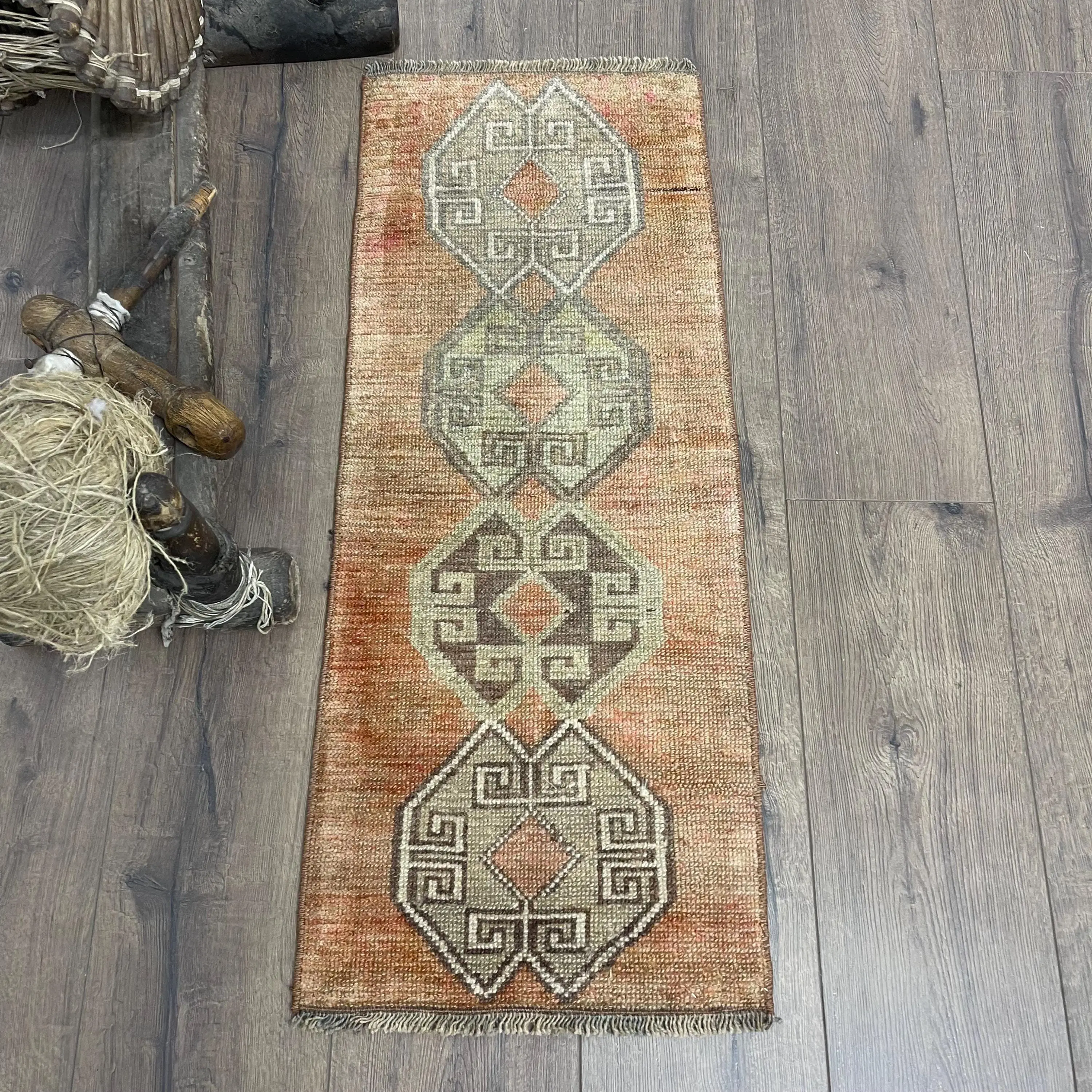 Vintage Rug, Small 1.2x3 ft Turkish Rug, Brown Red Bordered Wool Rug - 1