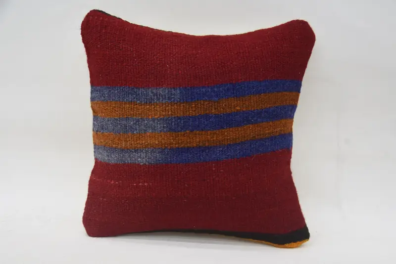 Boho Pillow Sham Cover, Turkish Kilim Pillow, Handmade Rug Seat Pillow Case, 12x12 Red Cushion, Pillow, Kilim Pillow - 4