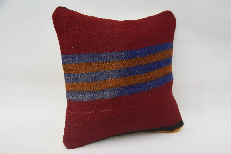 Boho Pillow Sham Cover, Turkish Kilim Pillow, Handmade Rug Seat Pillow Case, 12x12 Red Cushion, Pillow, Kilim Pillow - 2