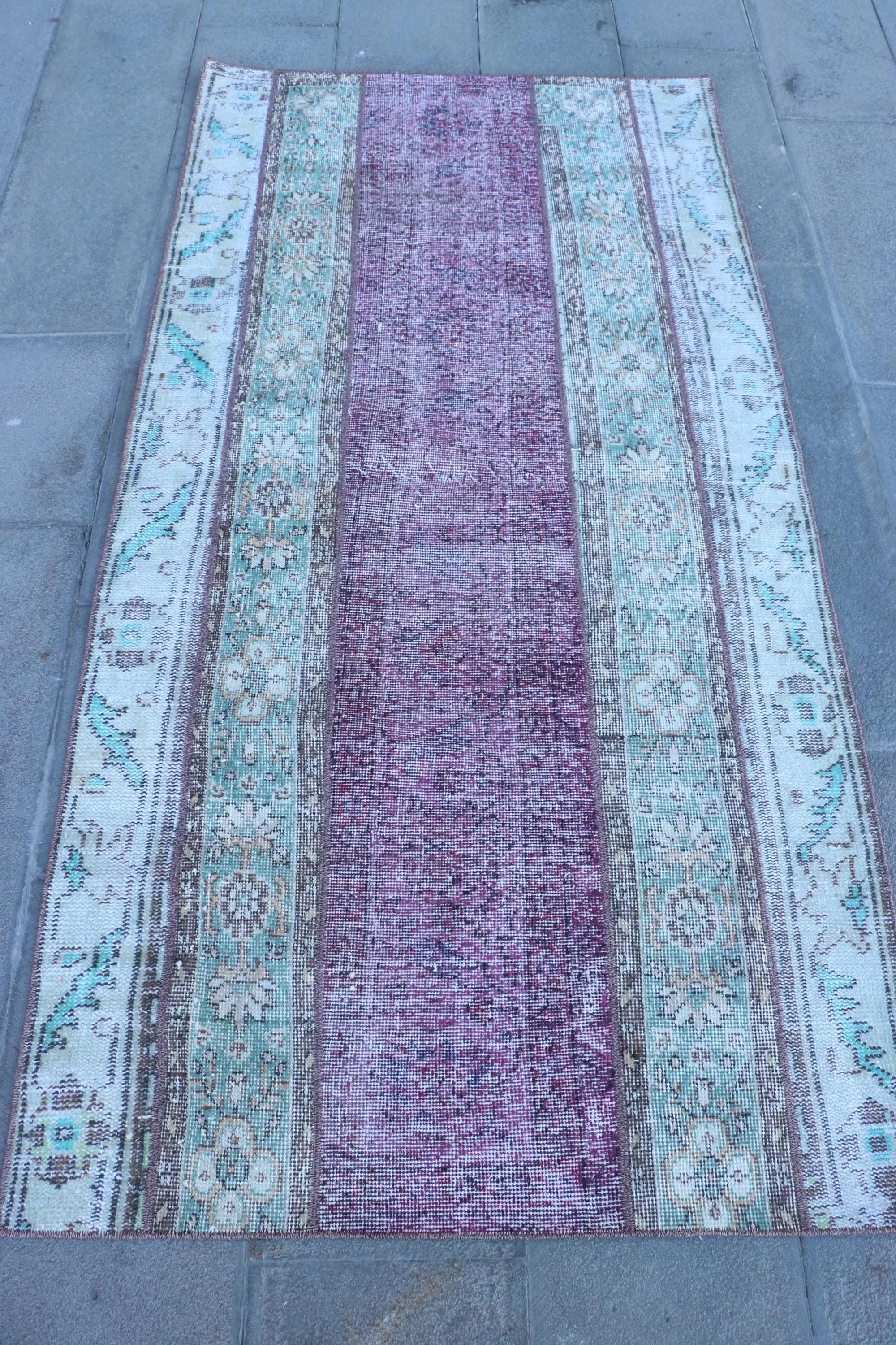 3.4x6.9 ft Rug, Turkish Vintage Rug, Purple Blue Bordered Rug - 1