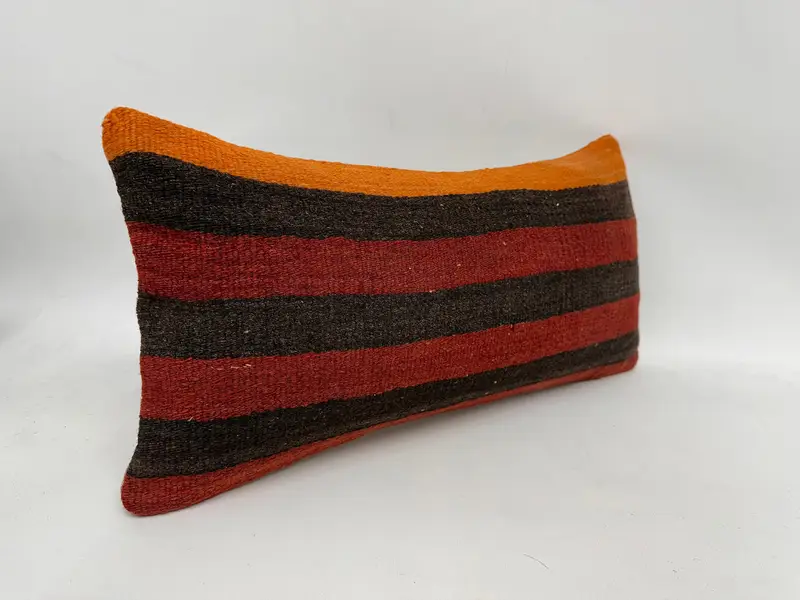 Red & Brown Striped Pillow, 12x24 Inches Handmade Decorative Pillow - 3