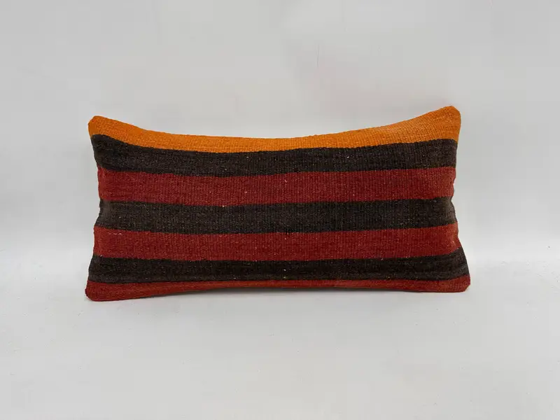 Red & Brown Striped Pillow, 12x24 Inches Handmade Decorative Pillow - 1