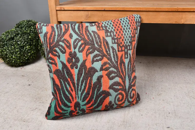 Lounge Throw Pillow Sham, Pillow Cover, 18x18 Orange Pillow Cover, Interior Designer Pillow, Ethnical Kilim Rug Pillow, Kilim Pillow - 7