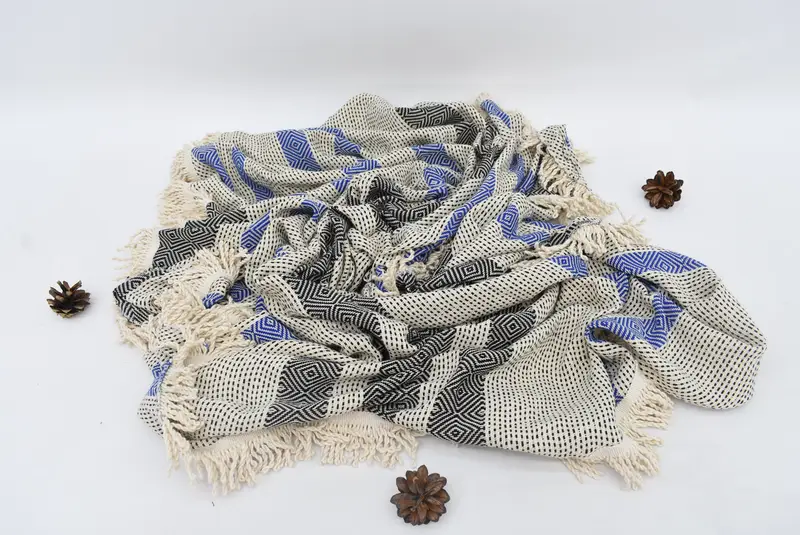 Round Diamond Towel Organic Cotton Blue-Black, 63x63 Inches