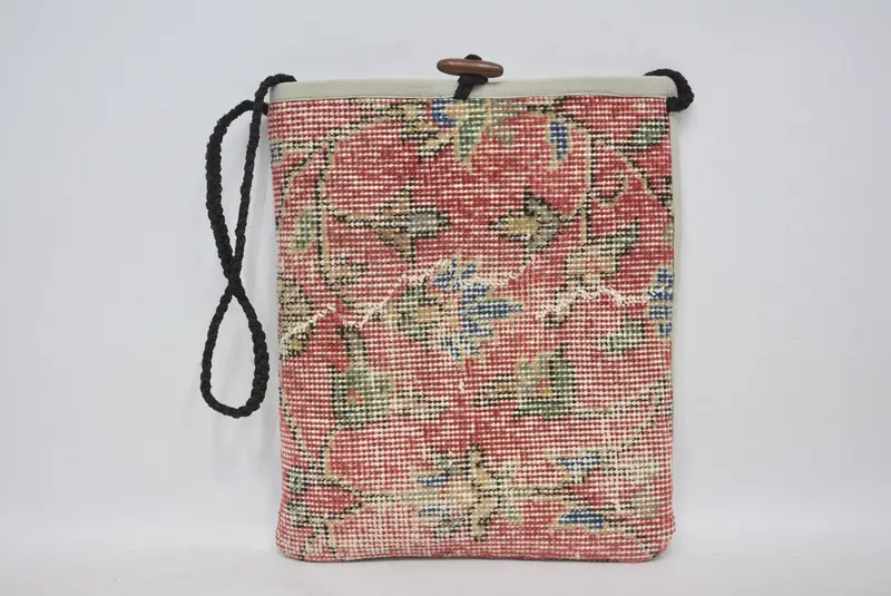 調節可能なストラップキリムバッグ、ヴィンテージモチーフウールクロスボディバッグ