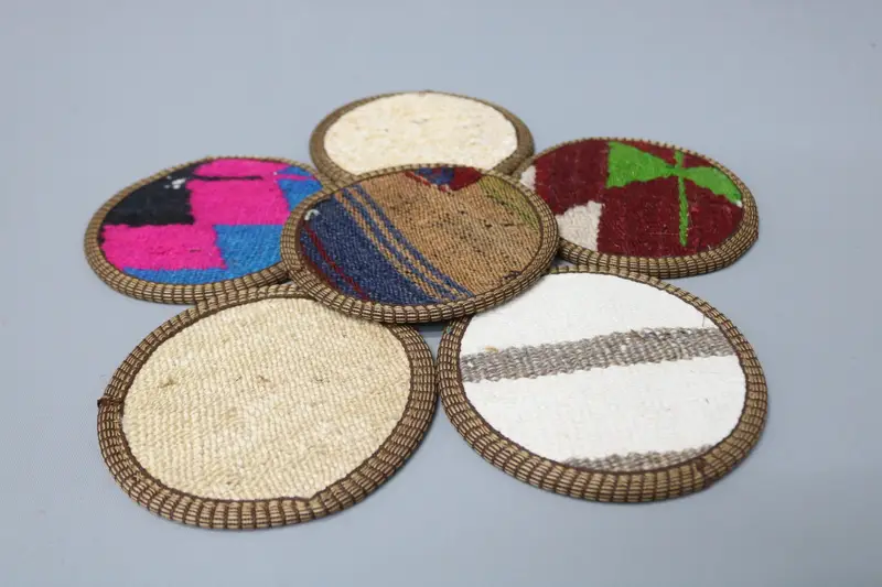 Blue and Red Kilim Coaster, Geometric Wool Coaster