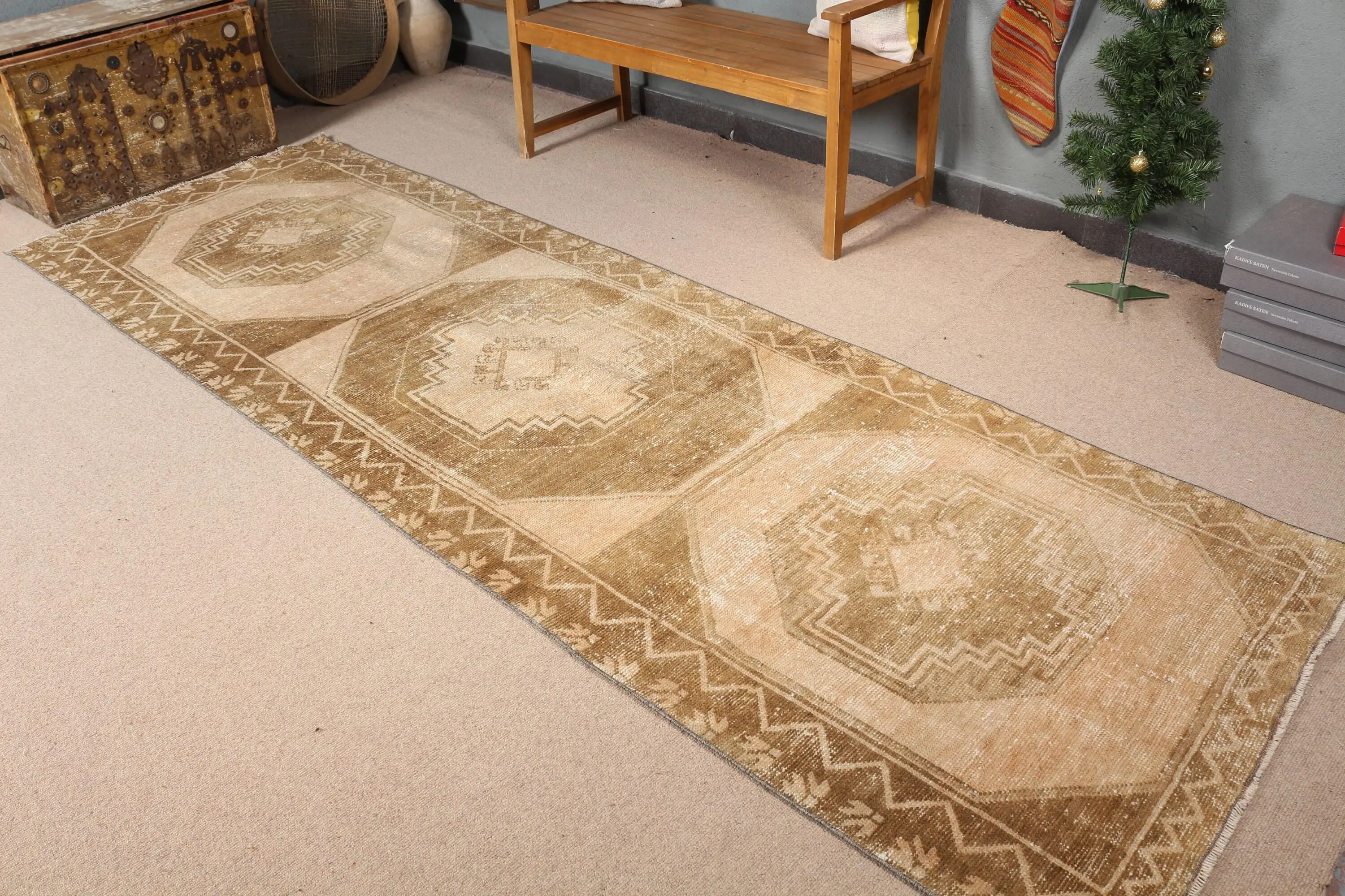 Turkish Runner Rug 3.5x11 ft, Vintage Brown Striped Wool Rug - 1