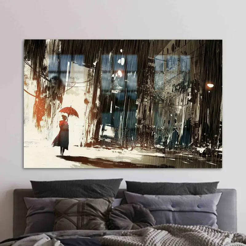 モダンなプリントガラス: 赤い傘のある雨の街並み