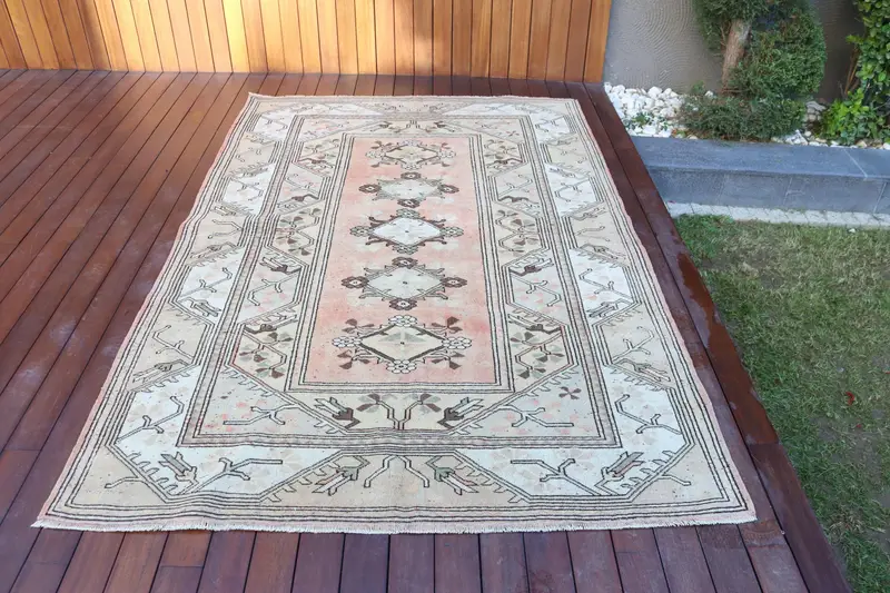 5.1x7.7 ft Vintage Halı, Oushak Halı, Beyaz Bitkiler ve ağaçlar Halı Yünü - 1