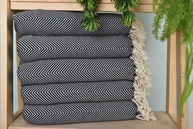 Herringbone Bath Towel Navy Organic Cotton Linen, 70x40 Inches