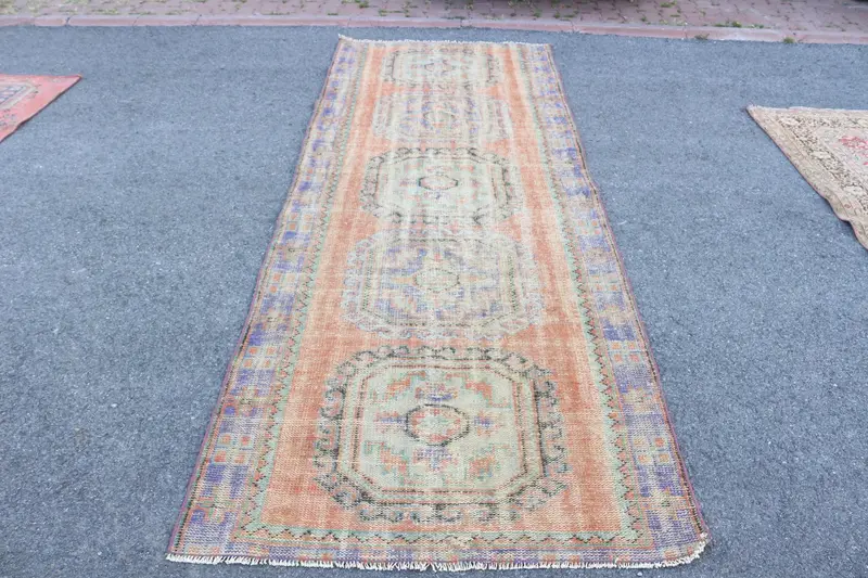 Turkish Rug, 4x10.8 ft Vintage Rug, Orange Blue Floral Wool Rug - 1