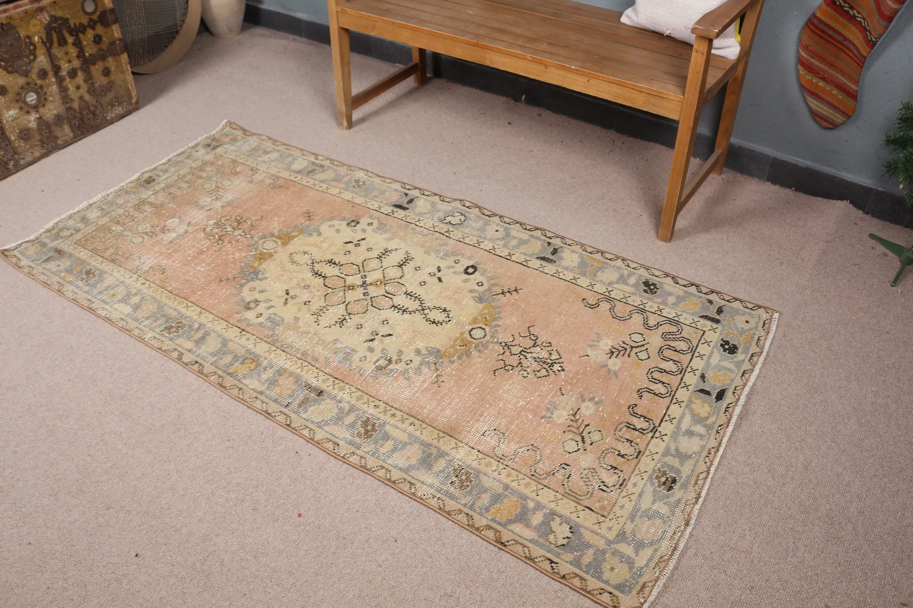3.2x6.4 ft Türk Halısı, Vintage Vurgu Halısı, Bej Kareli Yün Halı - 1