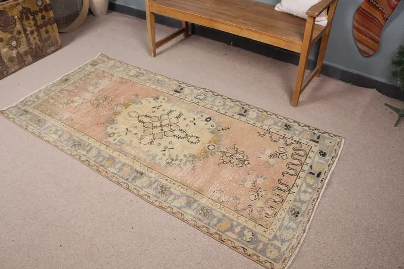 オレンジ&グリーンチェックラグ、3.1x6.4フィートの鮮やかな装飾