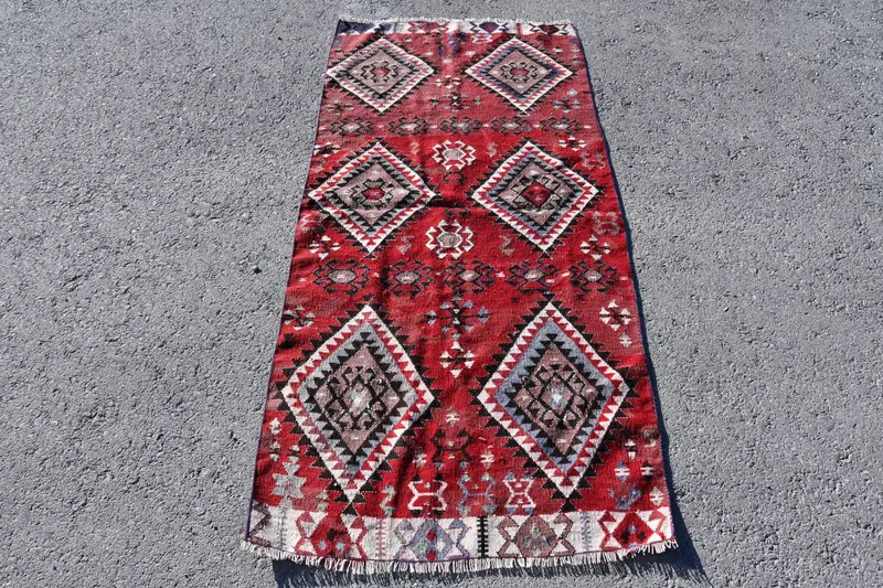 2.7x5.7 ft Vintage Rug, Turkish Accent Rug, Red Blue Ikat Rug - 1