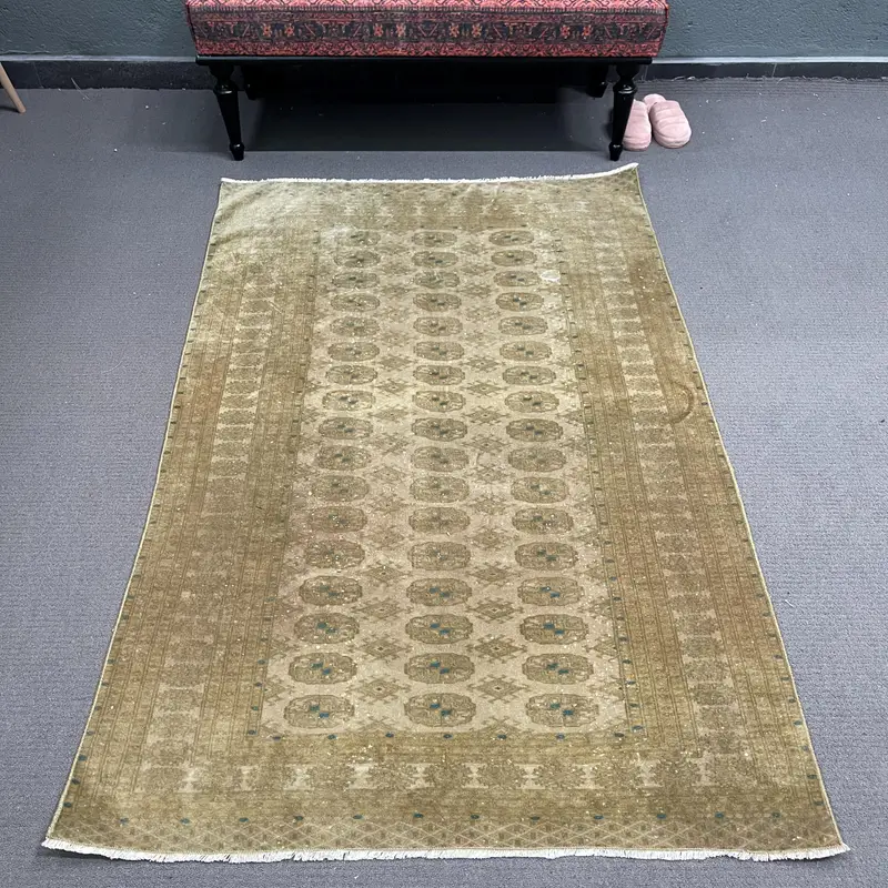 Turkish Vintage Rug, 3.9x5.9 ft Accent Rug, Brown Blue Ikat Wool Rug - 1