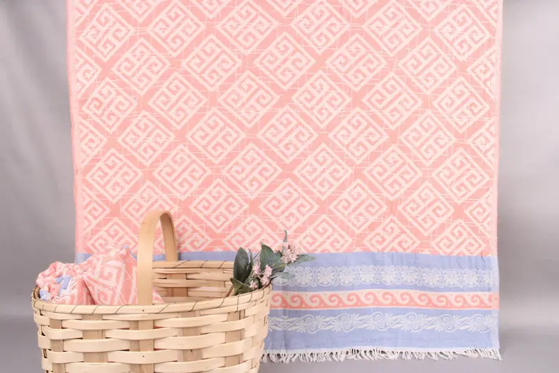 Personalized Coral-Blue Geometric Turkish Towel, 36x71 Inches