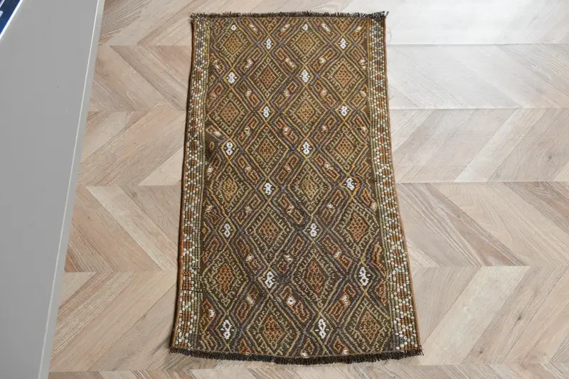 Kahverengi, Yeşil Halı 1,5x2,7 ft, Geometrik Çiçek Motifli