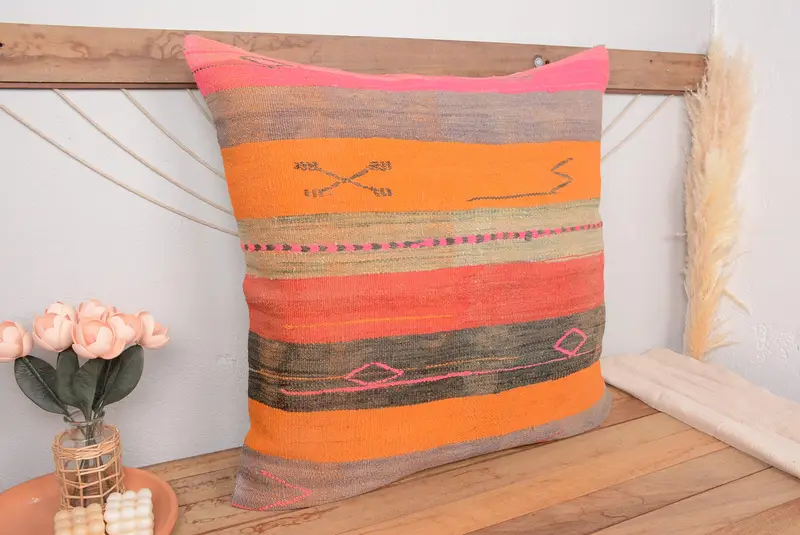 Almohada de tiro a rayas naranja y gris, almohada vintage bordada