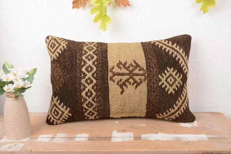 Beige Southwestern Throw Pillow, 12x20 Handmade Rectangular Cushion