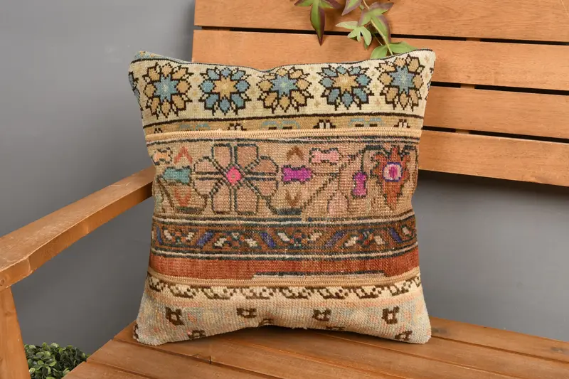 Grünes und beiges Patchwork-Wurfkissen, 16x16 Vintage-Kissen