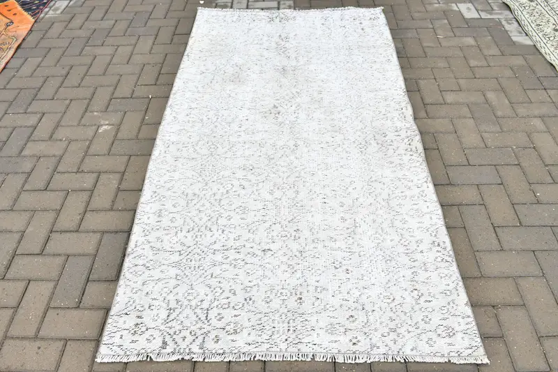 Türk Vintage Halı 3.7x7 ft, Beyaz Oushak Bordürlü Halı - 1