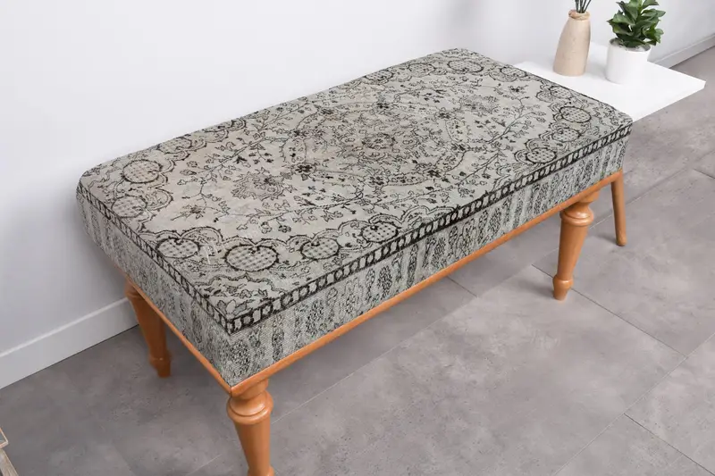 Gray & Black Wool Bench with Storage, Solid Wood Bench