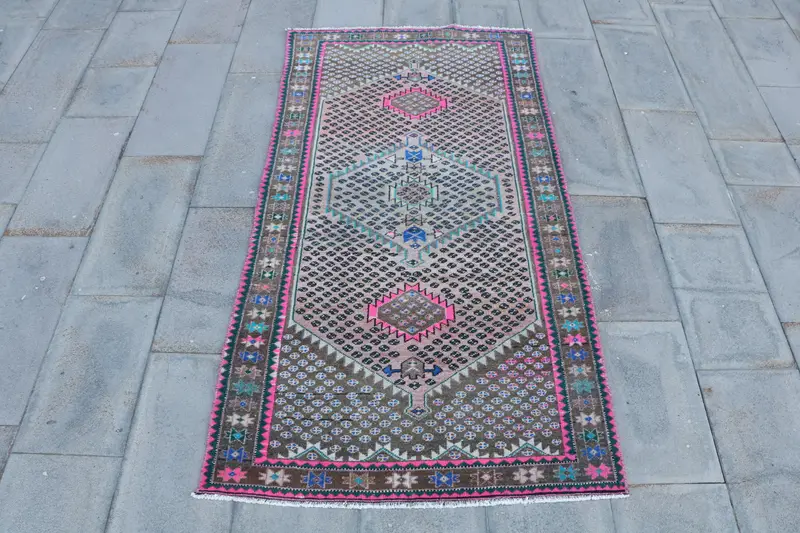 Turkish Vintage Rug 3.4x6.4 ft (105x196 cm), Oushak Brown Camouflage Rug - 1