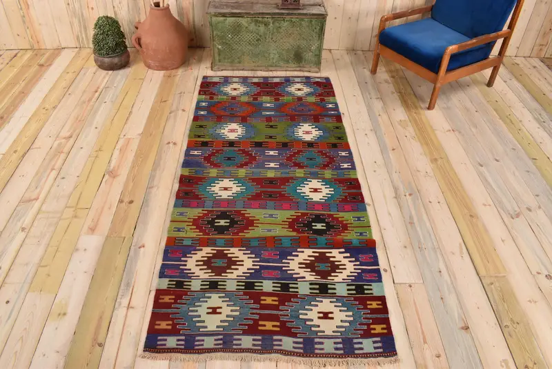 Green Patchwork Rug, 3.4x7.7 ft with Red Accents