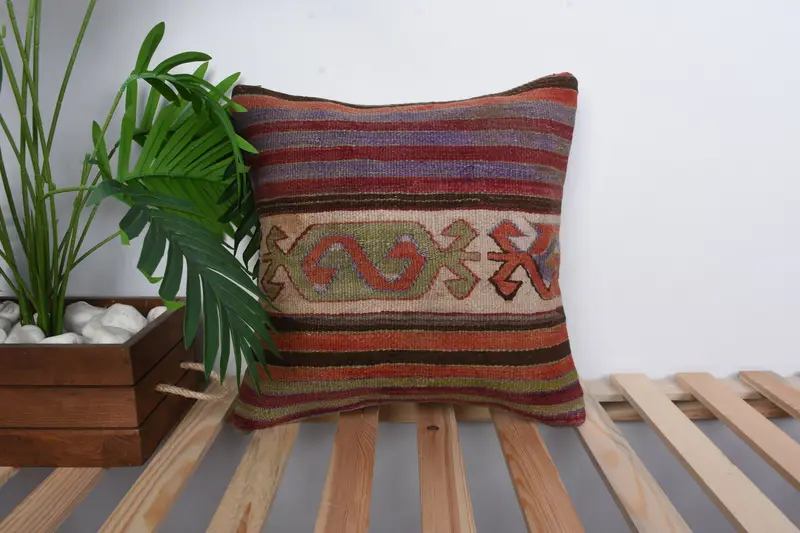 Bolster Throw Pillow Sham, Kilim Cushion Sham, Boho Pillow, Authentic Cushion, 16x16 Blue Pillow Sham, Pillow Cover, Home Decor Pillow - 1
