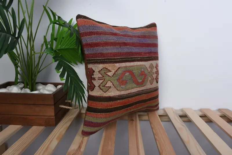 Bolster Throw Pillow Sham, Kilim Cushion Sham, Boho Pillow, Authentic Cushion, 16x16 Blue Pillow Sham, Pillow Cover, Home Decor Pillow - 4