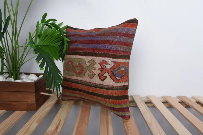 Bolster Throw Pillow Sham, Kilim Cushion Sham, Boho Pillow, Authentic Cushion, 16x16 Blue Pillow Sham, Pillow Cover, Home Decor Pillow - 5