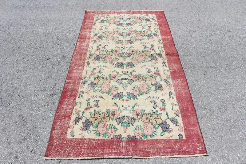 Vintage Alan Halısı, 3.7x7.2 ft Türk Halısı, Kırmızı Oushak Yün Halı - 1