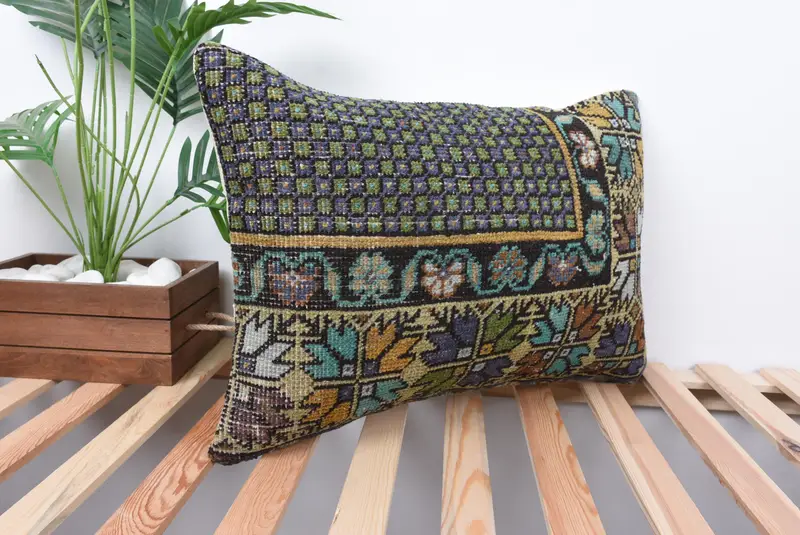 Handmade Kilim Cushion, Indoor Cushion, Pillow Cover, Couch Cushion Case, Vintage Kilim Throw Pillow, Vintage Kilim Pillow, 16x24 Green Cushion Case - 4