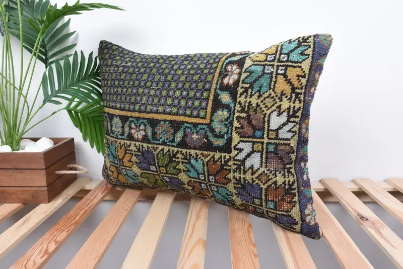 Handmade Kilim Cushion, Indoor Cushion, Pillow Cover, Couch Cushion Case, Vintage Kilim Throw Pillow, Vintage Kilim Pillow, 16x24 Green Cushion Case - 5