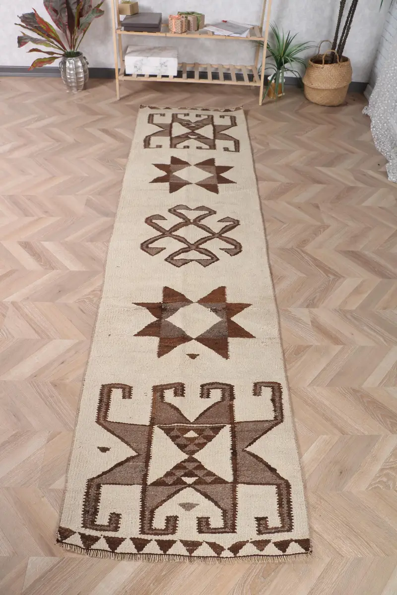 Türk 2.3x9.3 ft Halı, Runner Vintage Halı, Kahverengi Beyaz Kareli Yün Halı - 1