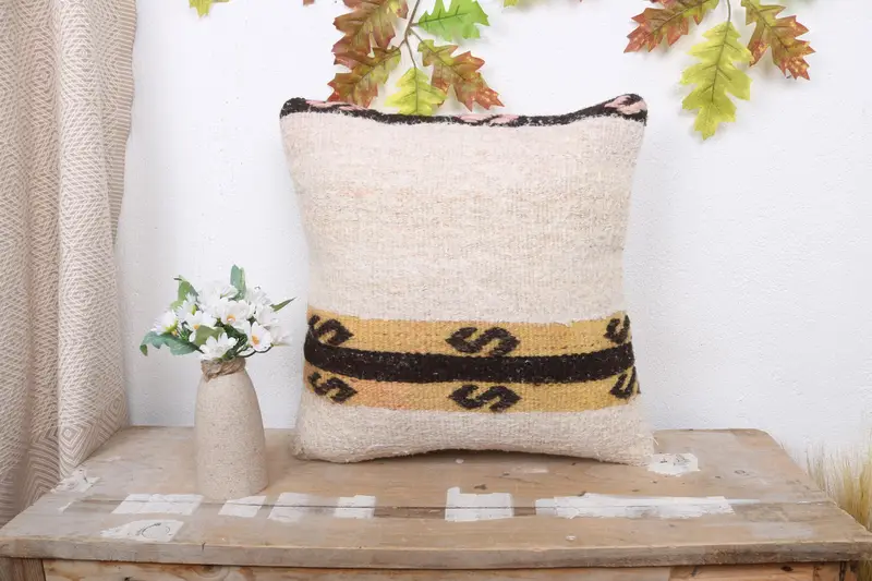Throw Kilim Pillow, Ethnic Pillow Cover, Cushion, Ethnical Kilim Rug Pillow, 16x16 Beige Cushion Case, Pillow for Couch, Turkish Bench Cushion - 1