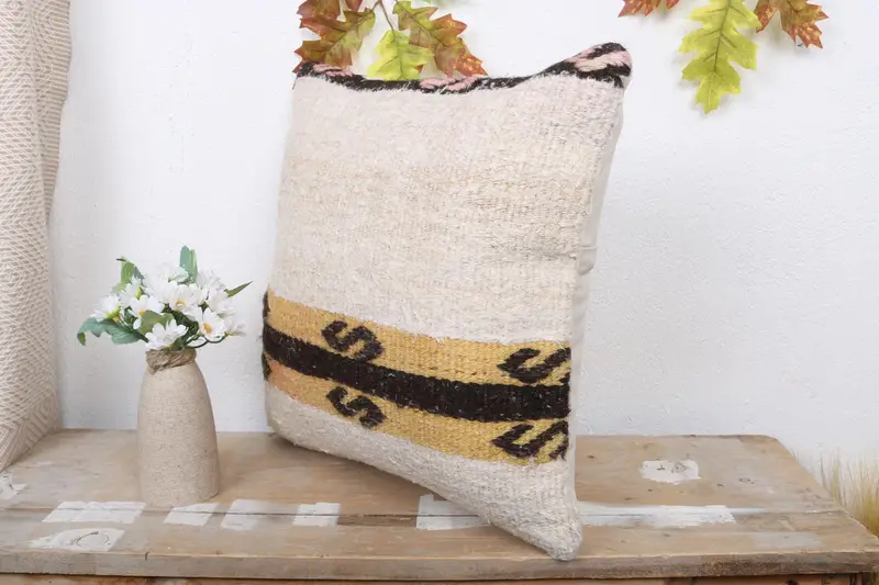 Throw Kilim Pillow, Ethnic Pillow Cover, Cushion, Ethnical Kilim Rug Pillow, 16x16 Beige Cushion Case, Pillow for Couch, Turkish Bench Cushion - 4